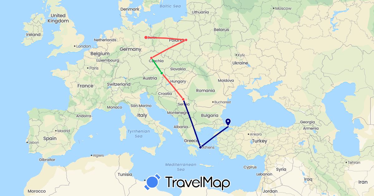 TravelMap itinerary: driving, bus, hiking in Austria, Czech Republic, Germany, Greece, Poland, Serbia, Turkey (Asia, Europe)